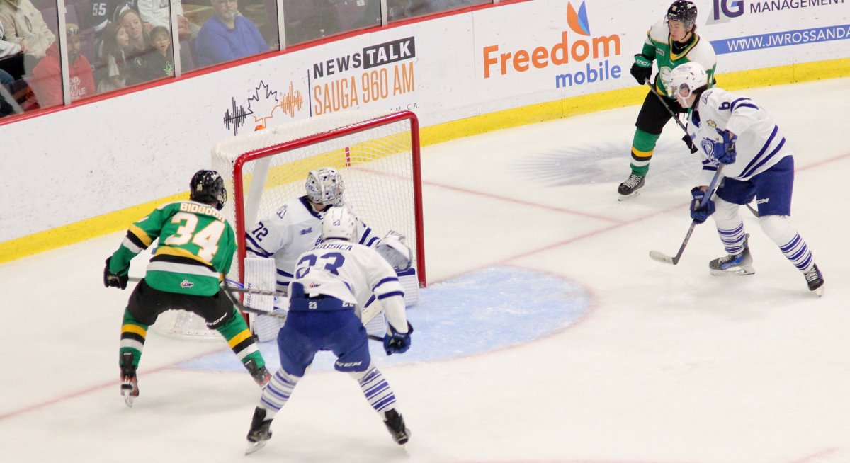 Cohen Bidgood of the London Knights gets his first OHL goal against the Brampton Steelheads on Oct. 5, 2024.