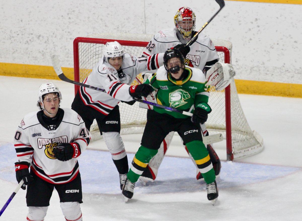 Cohen Bidgood of the London Knights takes some punishment in front of the Owen Sound Attack net in a 5-4 overtime win by the Knights on Oct. 9, 2024.