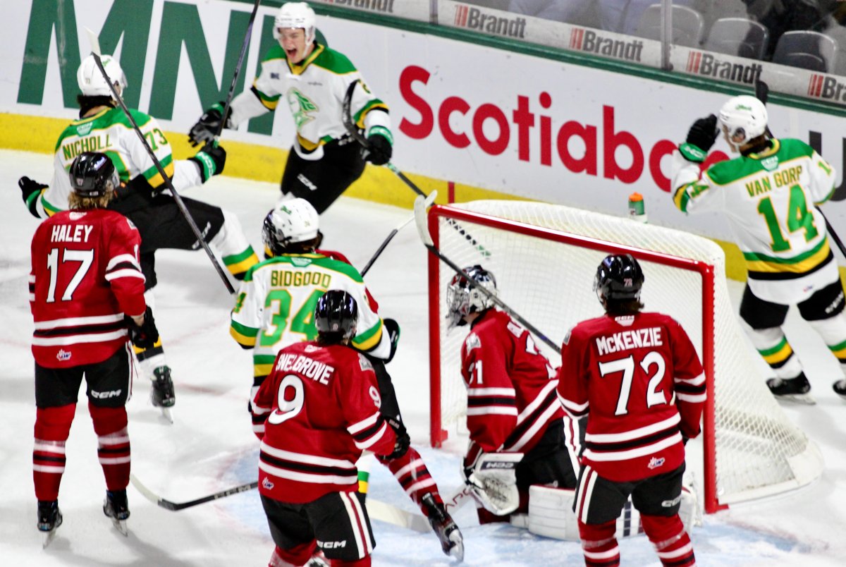 The London Knights celebrate a goal by William Nicholl in a game against the Guelph Storm at Canada Life Place in London, Ont.