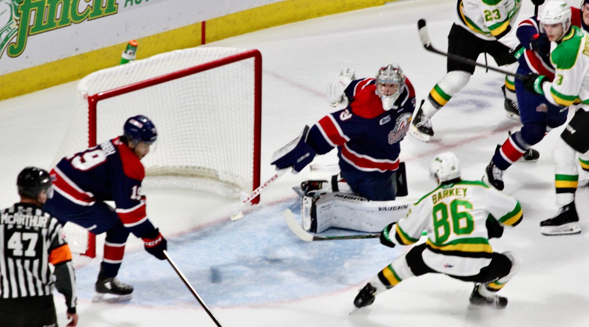 Denver Barkey of the London Knights gets a chance in close against the Saginaw Spirit in a game played on Oct. 18, 2024.