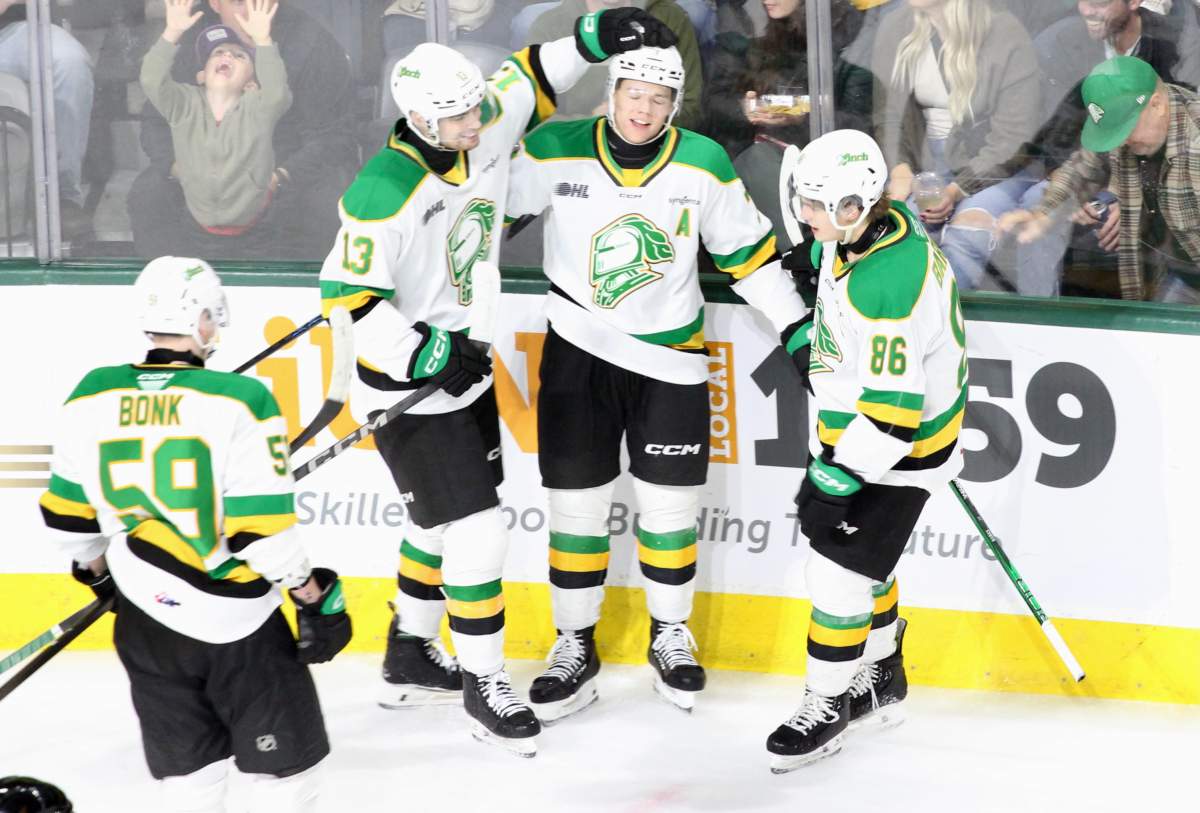 The London Knights celebrate Easton Cowan's second period power play goal in a 3-1 victory over the Erie Otters on Oct. 20, 2024.