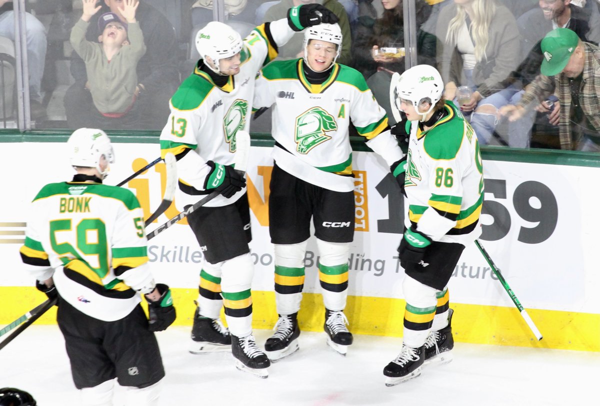 The London Knights celebrate Easton Cowan's second period power play goal in a 3-1 victory over the Erie Otters on Oct. 20, 2024.