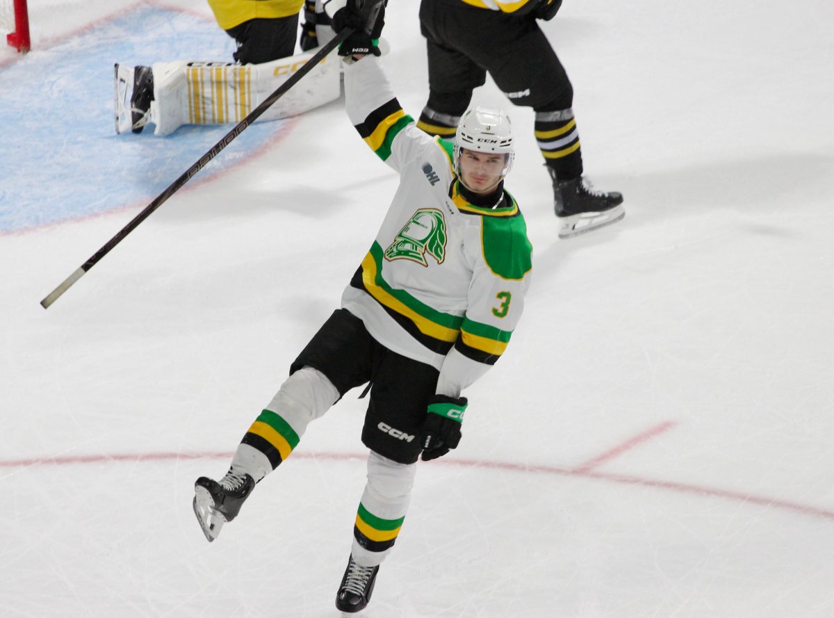 Sam Dickinson celebrates his overtime winning goal as the London Knights defeated the Brantford Bulldogs 4-3 at Canada Life Place on Oct. 25, 2024.