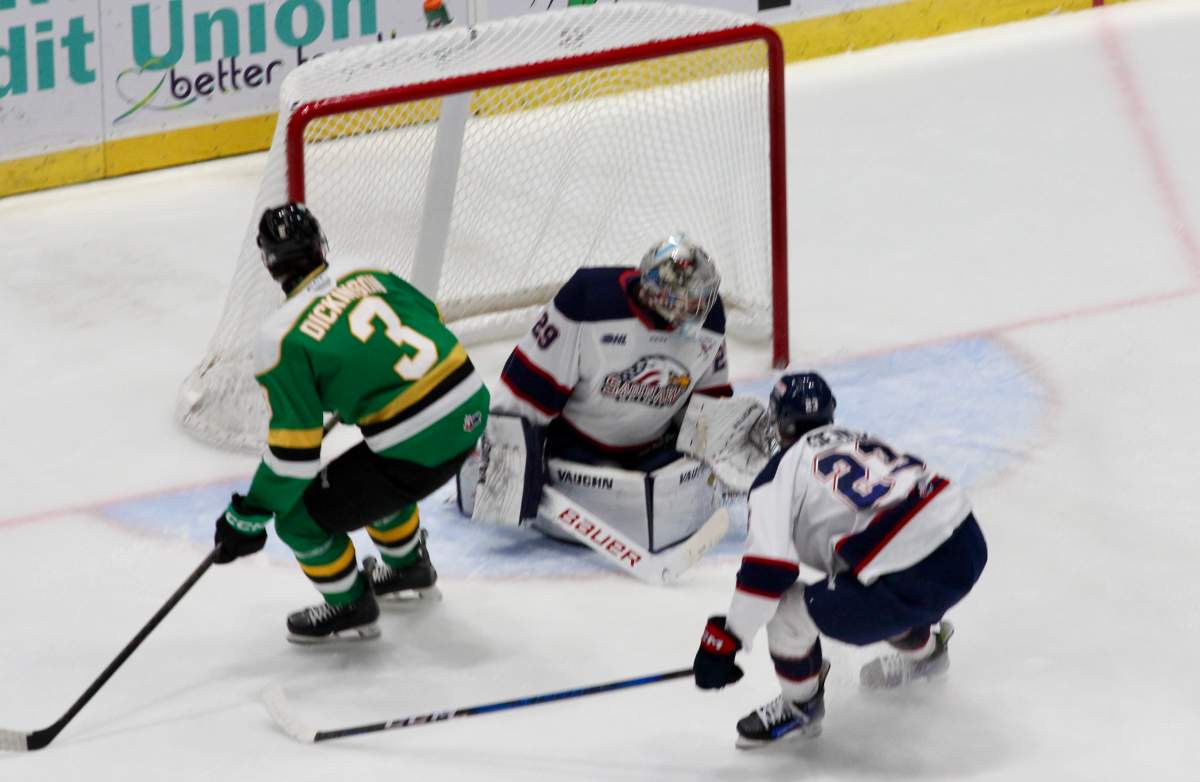 Sam Dickinson of the London Knights scores on a breakaway in a game against the Saginaw Spirit on Oct. 26, 2024.