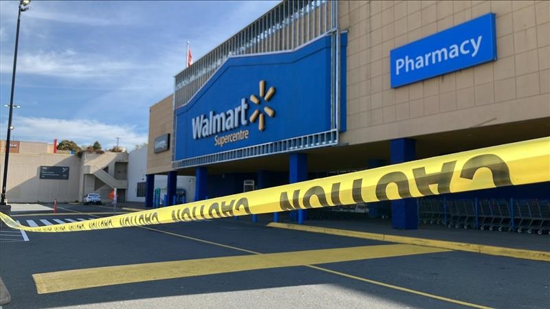 Caution tape is put up in front of a Walmart on Mumford Road in Halifax on Oct. 21, 2024.