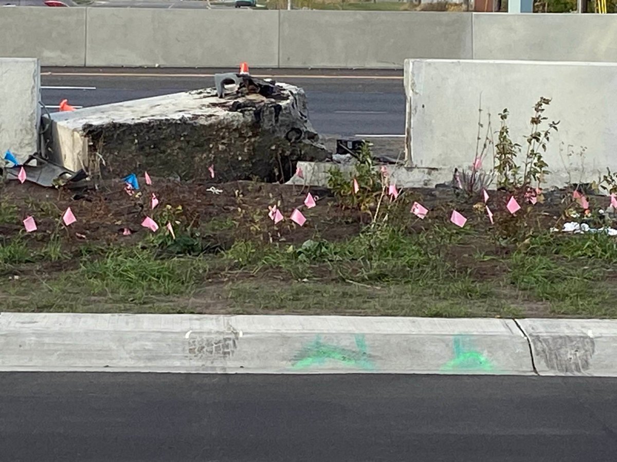 A damaged barricade at 149 Street and Yellowhead Trail in northwest Edmonton, Alta. on Monday, October 7, 2024.