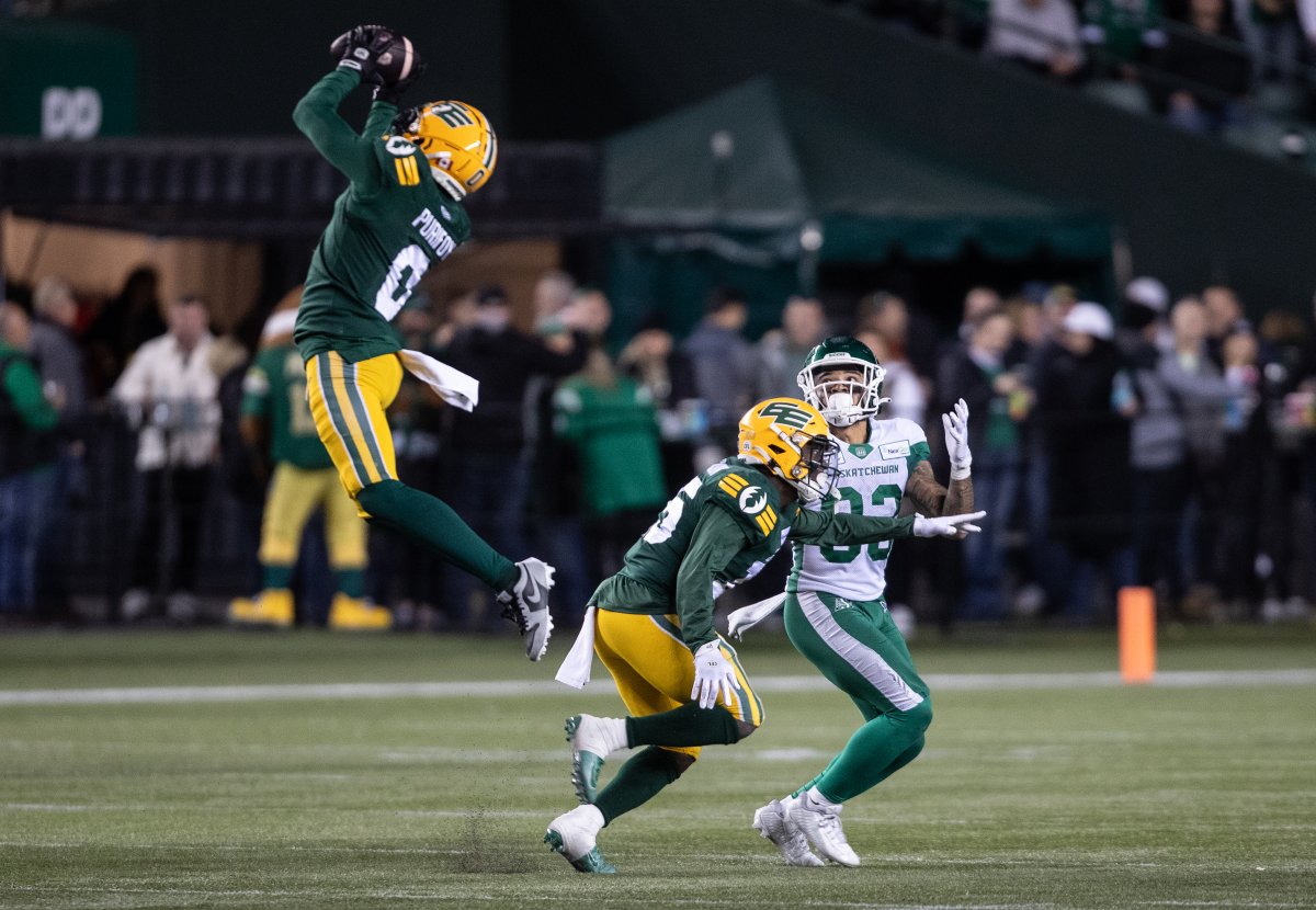 Elks safety Loucheiz Purifoy leaps for an interception against the Riders on Saturday, October 5, 2024.