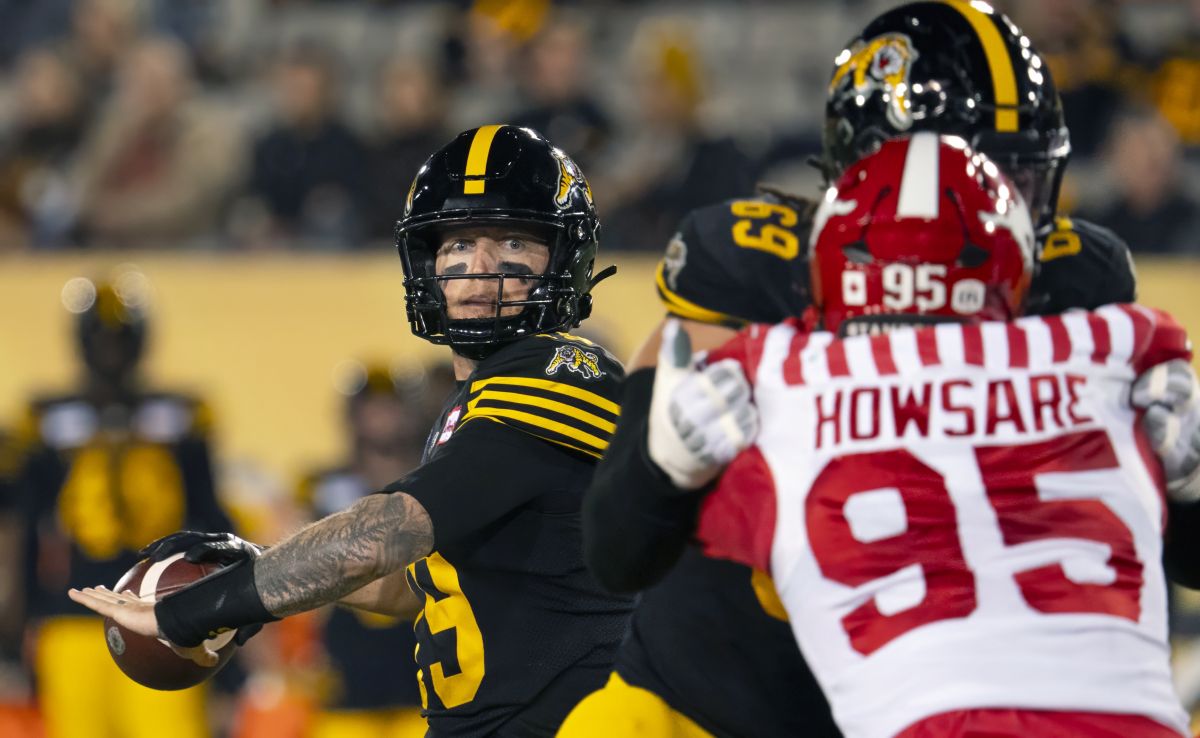 Hamilton Tiger Cats quarterback Bo Levi Mitchell (19) looks to make the pass during CFL football action against the Calgary Stampeders in Hamilton, Ont. on Friday, October 18, 2024.