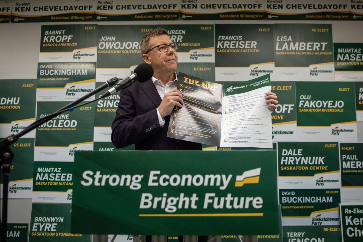 Saskatchewan Party Leader Scott Moe speaks at a media event where he released his election platform in Saskatoon on Saturday, October 12, 2024.