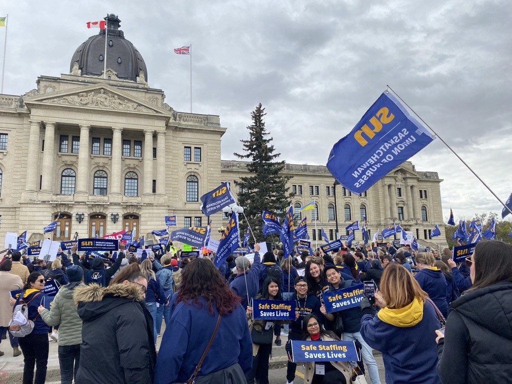 Nurses rallied at the Saskatchewan Legislative Building on Oct. 3 as over-capacity issues remain at hospitals across the province.