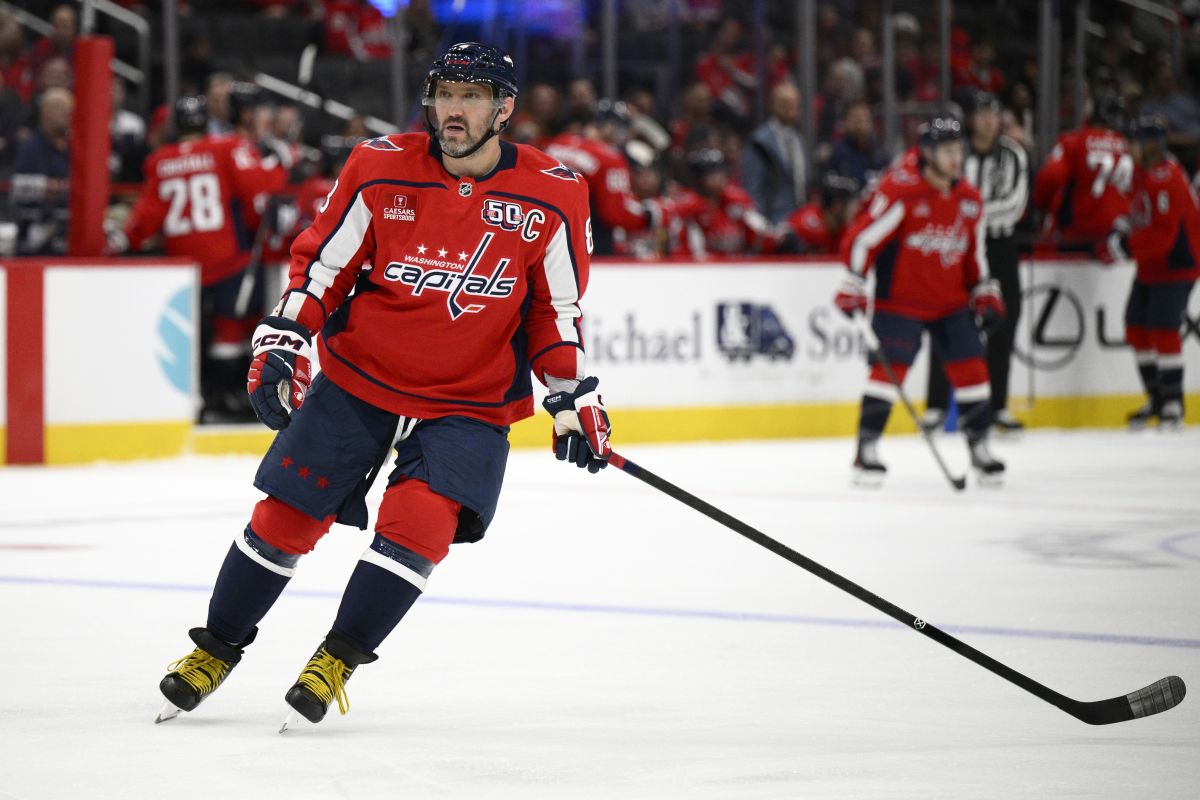 Washington Capitals left wing Alex Ovechkin (8) in action during the first period of an NHL preseason hockey game against the Columbus Blue Jackets, Friday, Sept. 27, 2024, in Washington.