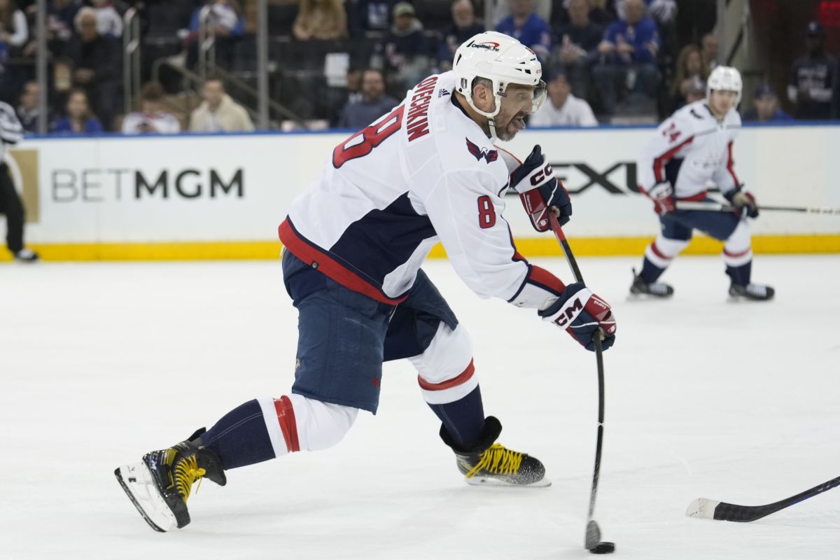 Washington Capitals' Alex Ovechkin shoots during the second period in Game 1 of an NHL hockey Stanley Cup first-round playoff series against the New York Rangers, Sunday, April 21, 2024, in New York.