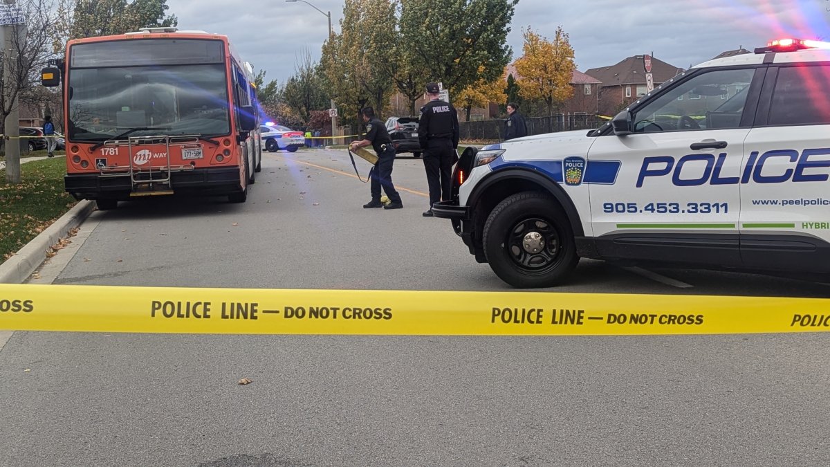 A Mississauga bus on the scene of a crash near Lisgar Drive on Oct. 31, 2024.