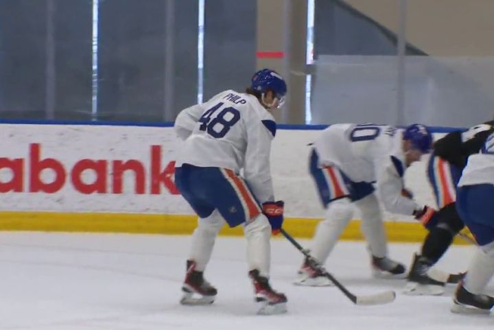 Noah Philp (48) takes part in drills at the Edmonton Oilers' 2024 training camp.