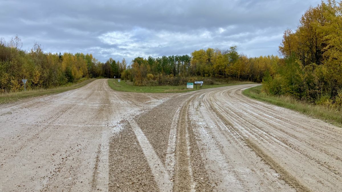 An October 2024 photo of a fork in the road at Township Road 634A in a rural area north of Edmonton.