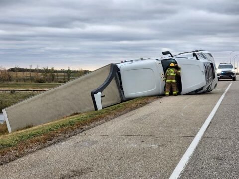 The volunteer fire department at Balgonie, Sask., shared this image of the semi rollover on social media.