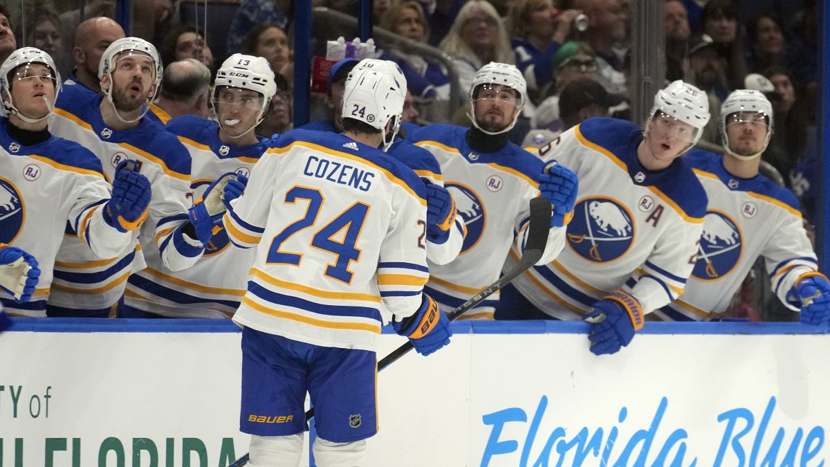 Buffalo Sabres centre Dylan Cozens (24) celebrates with the bench after his goal against the Tampa Bay Lightning during the first period of an NHL hockey game Monday, April 15, 2024, in Tampa, Fla.