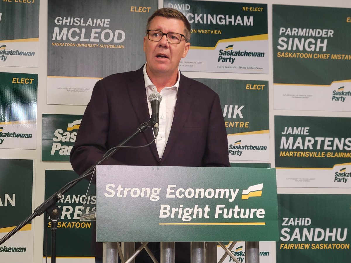 Saskatchewan Party Leader Scott Moe speaks during a media event in Saskatoon, Sask., Tuesday, Oct. 1, 2024.