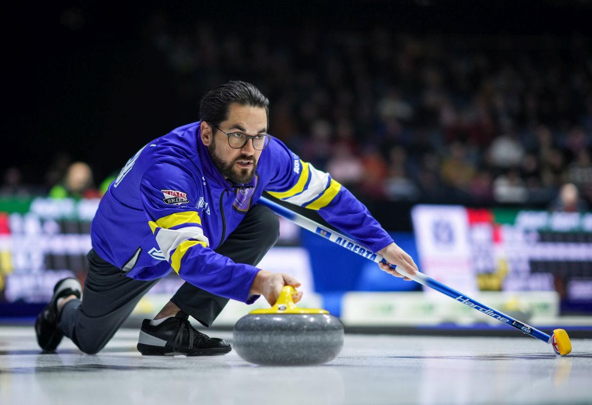 Alberta-Sluchinski skip Aaron Sluchinski delivers a rock while playing Team Canada during the Brier, in Regina, Thursday, March 7, 2024.