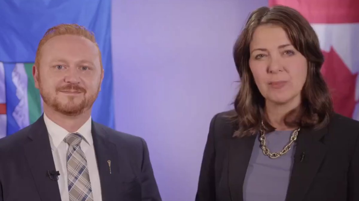 Alberta Justice Minister Mickey Amery and Premier Danielle Smith in a video released Wednesday, October 23, 2024.