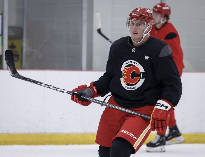 Calgary Flames' Tyson Barrie (8) skates during a training camp practice session in Calgary, Thursday, Sept. 19, 2024.