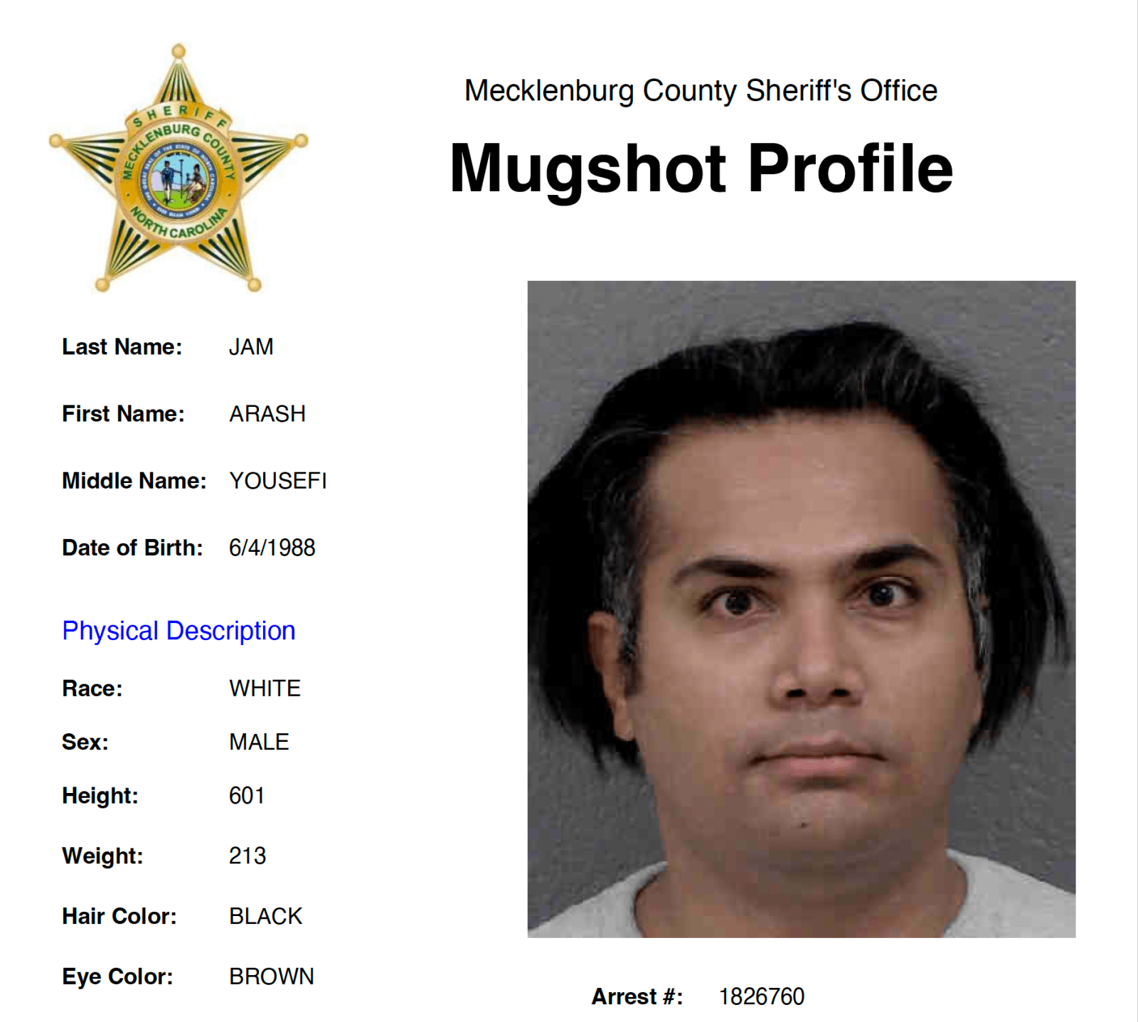 Police mug shot of Arash Yousefijam, who now goes by Aurash Cohen.