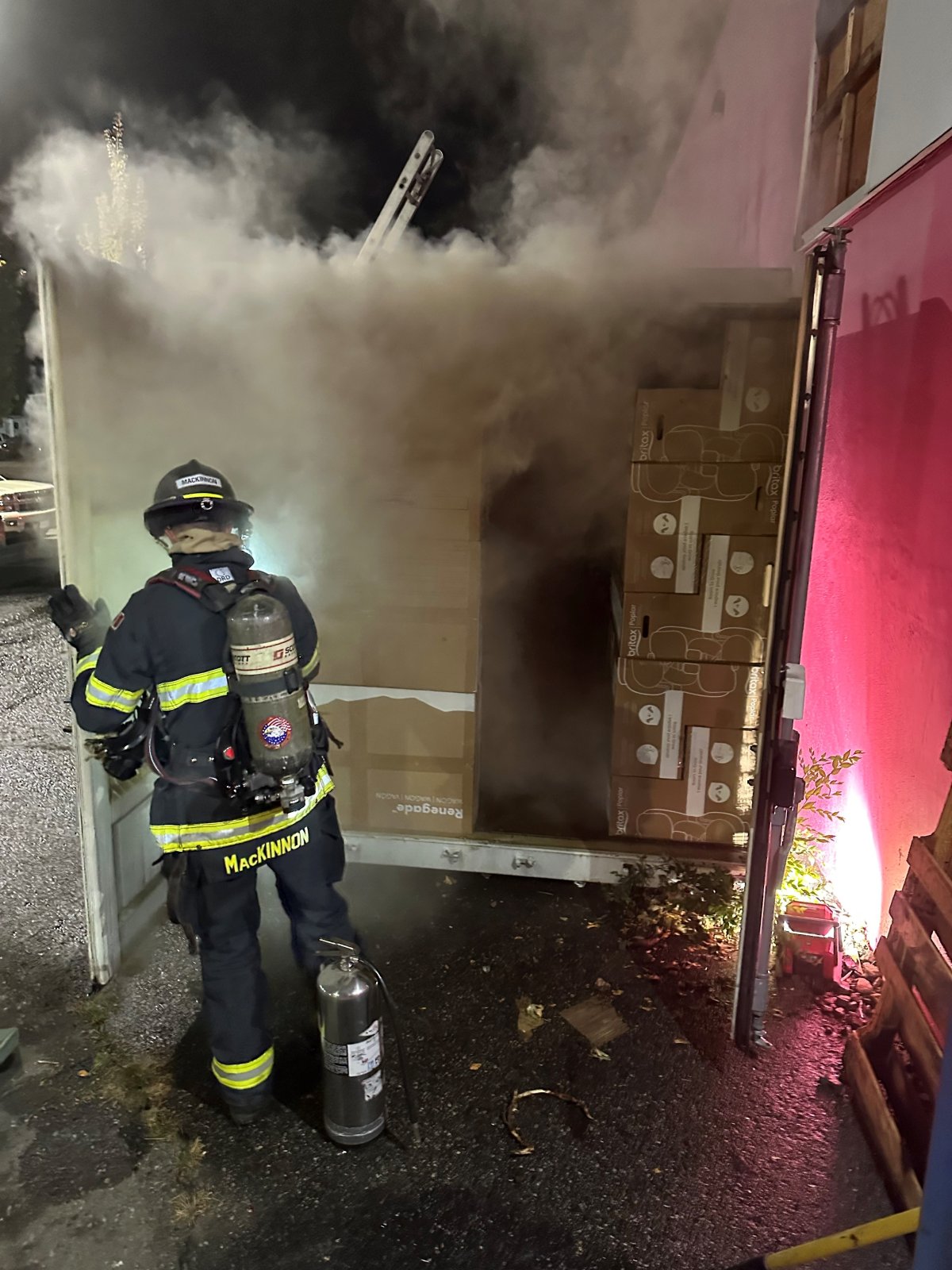 Kelowna firefighters put out a fire started behind the Baby and Me store last Friday. 