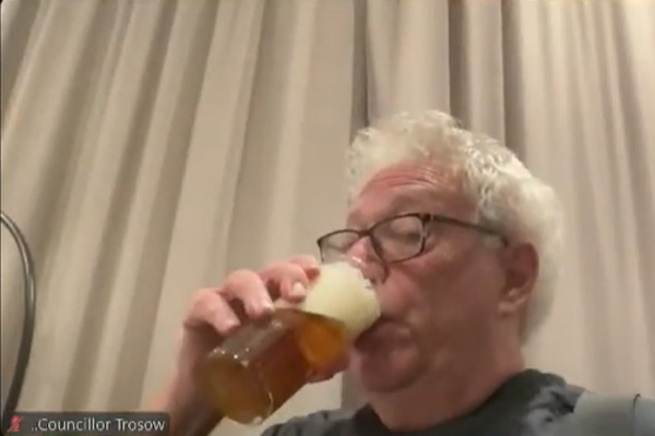 A screen capture of Sam Trosow having a drink during a council meeting on Sept. 25.