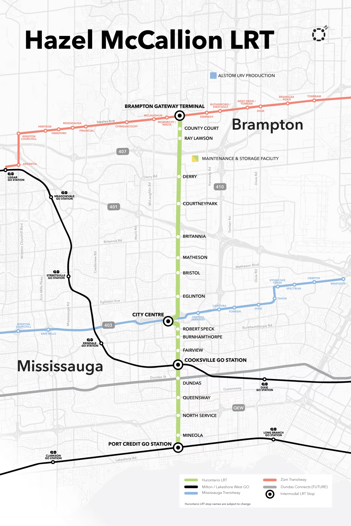 A map showing the route of the Hurontario LRT.