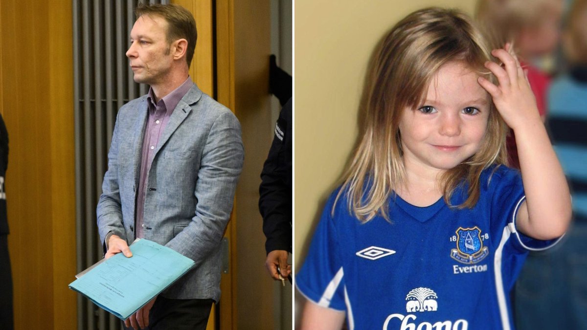 A split image. On the left is Christian Brückner in court. On the right is Madeleine McCann.