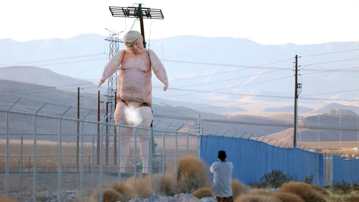 A censored photo of the naked Donald Trump statue in Las Vegas, Nev.