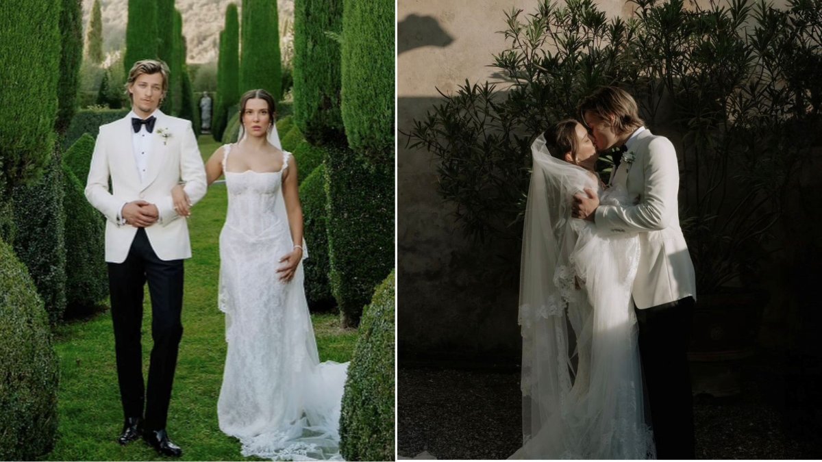 A split image. On the left, Millie Bobby Brown and Jake Bongiovi stand in a lush, green garden in wedding attire. On the right, the pair kiss in their wedding attire.