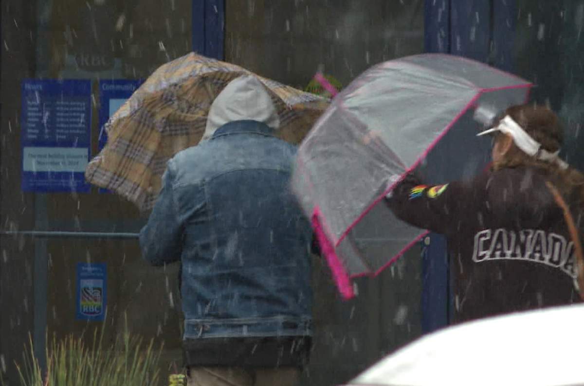 People seen walking in Lethbridge Monday afternoon (Oct. 21, 2024) are seen using unbrellas to shield themselves from the snow and wind.