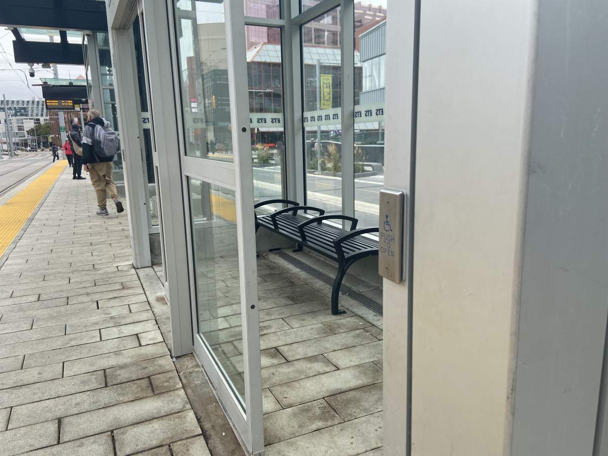 Sliding doors on vestibules at Valley Line LRT stations have been removed.