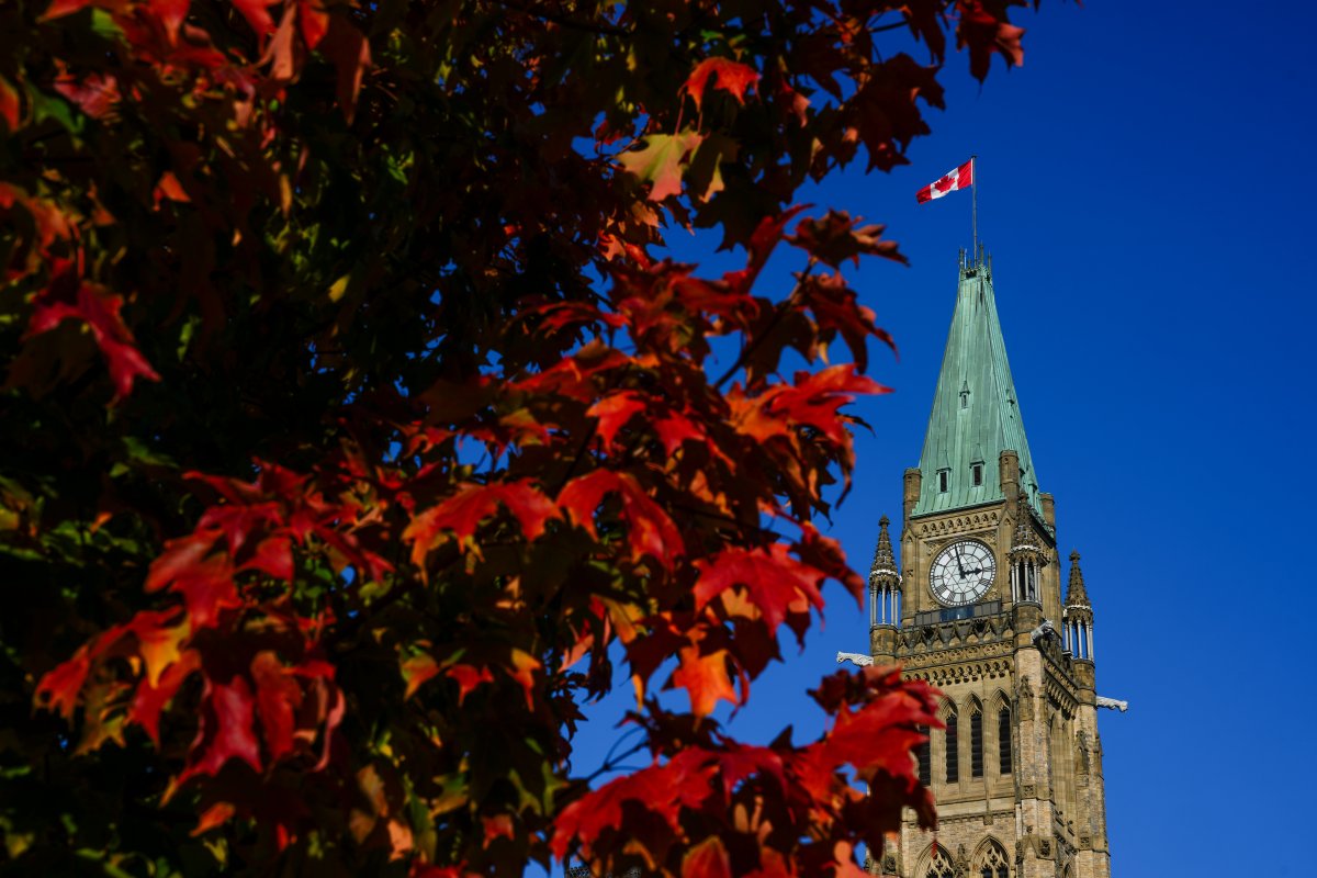 The Peace Tower on Parliament Hill is pictured with fall leaves.