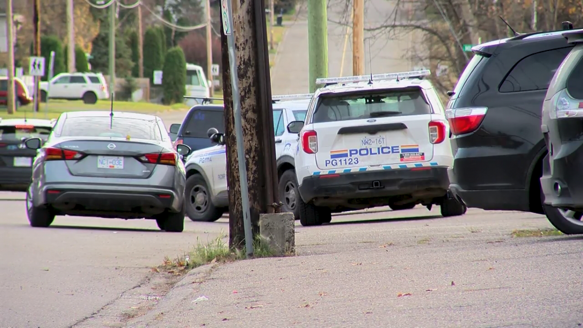 Police vehicles at the scene of a suspicious death in Prince George.