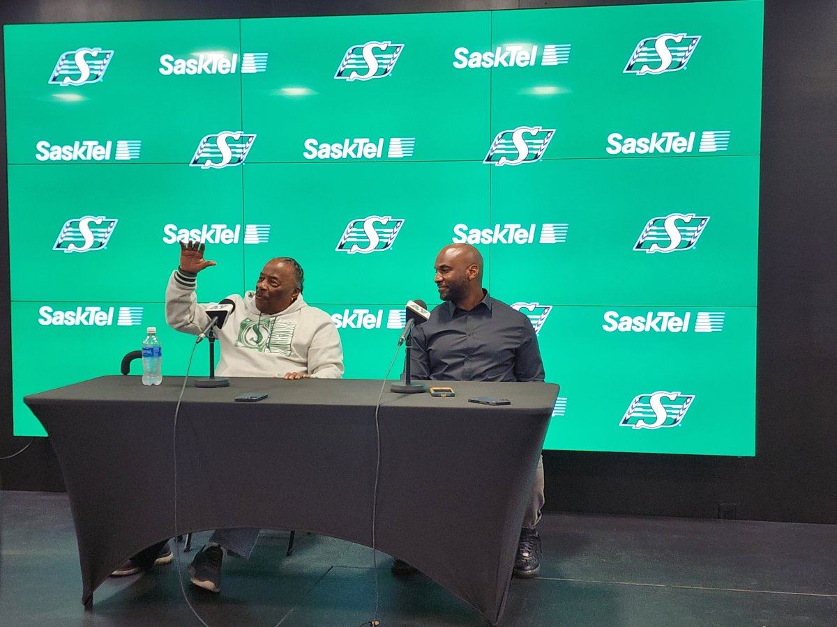 Roy Shivers (left) and Darian Durant (right) speak to the Regina media on Thursday October 10, 2024.