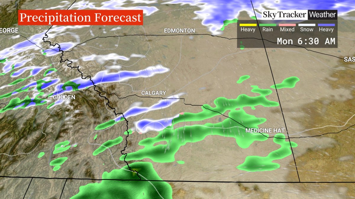 An atmospheric river moving from the north Pacific into Alberta means parts of the province could see some snow on Monday.