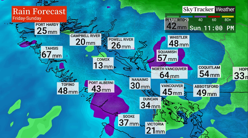 Rain forecast for B.C.’s South Coast from Friday to Sunday.