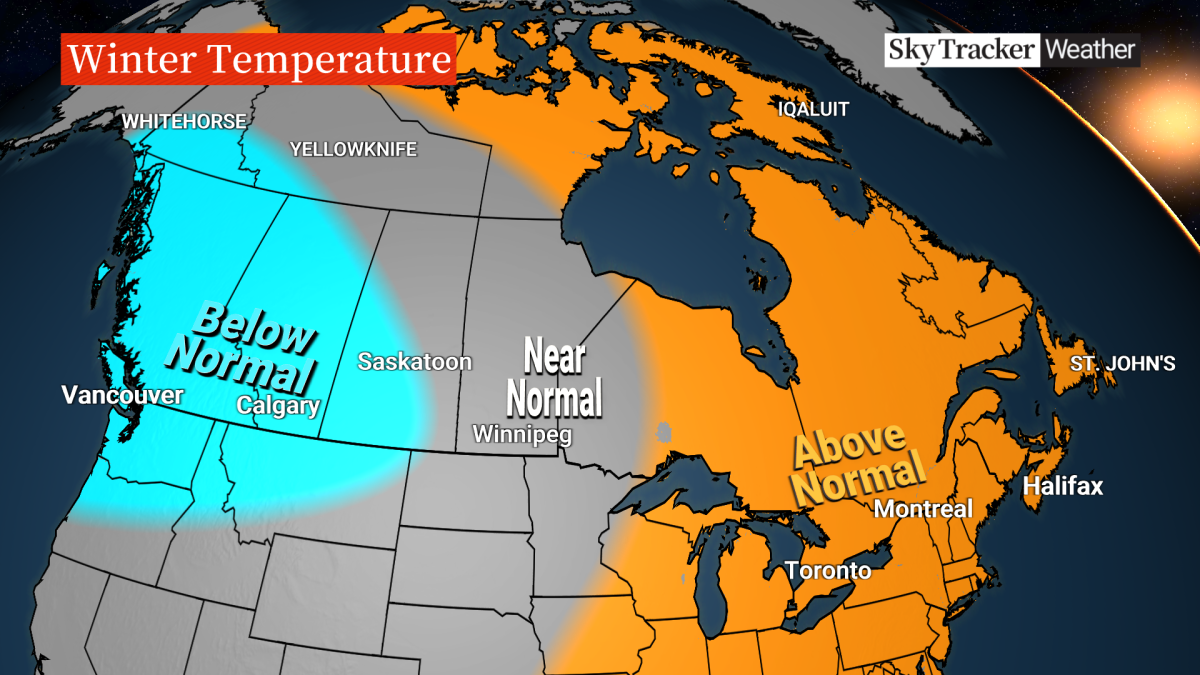 A weather forecast map shows what Canadians can expect in terms of temperatures across the country this winter.