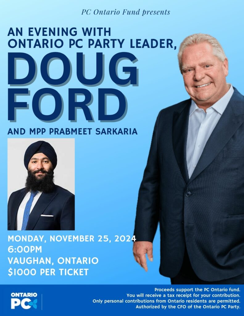 An invitation to a PC Party fundraising event scheduled for Nov. 24 in Vaughan.