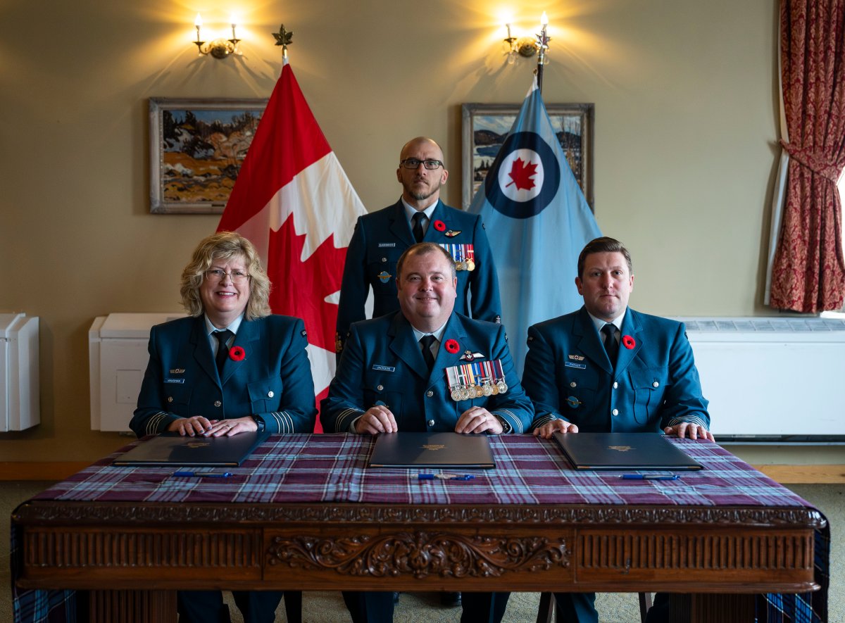 Members of 426 Squadron gather for the Honorary Colonel Change of Appointment Ceremony between Dr. Ann Marie Vaughan and Gregory Parker at Canadian Forces Base Trenton, on Nov. 4, 2024. Photo by: Corporal Natasha Punt, 8 Wing Imaging.