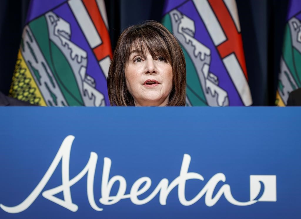 Alberta Minister of Health Adriana LaGrange speaks to the media in Calgary on Tuesday, Sept. 12, 2023.