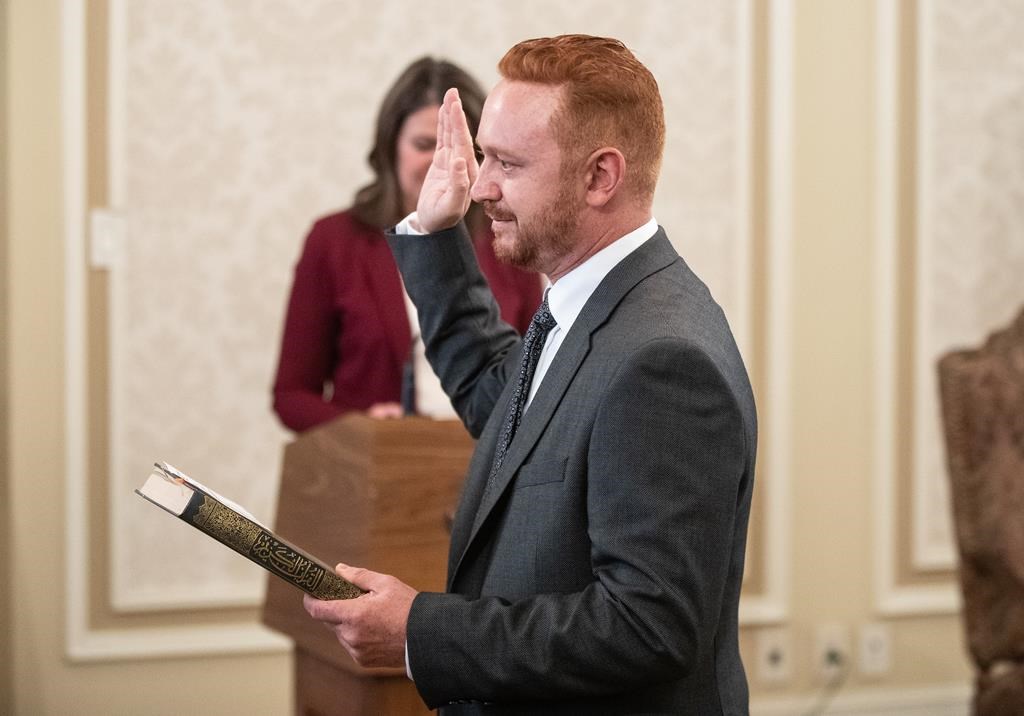 Minister of Justice Mickey Amery is sworn into cabinet, in Edmonton, Friday, June 9, 2023.