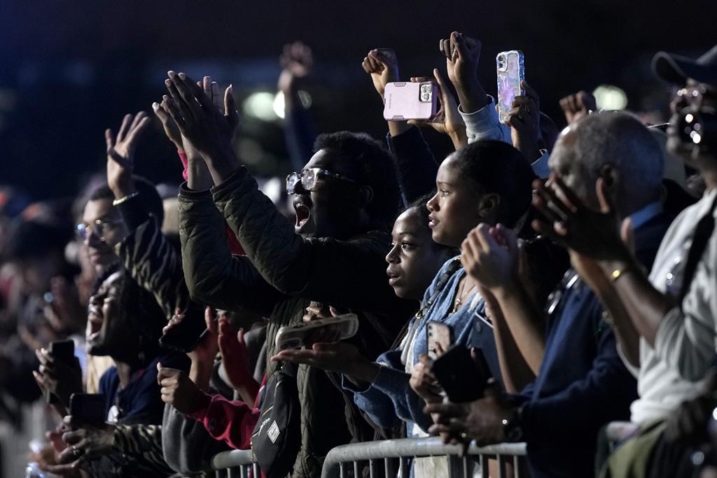 Supporters cheer before Democratic presidential nominee Vice President Kamala Harris arrives for an election night campaign watch party, Tuesday, Nov. 5, 2024, on the campus of Howard University in Washington.