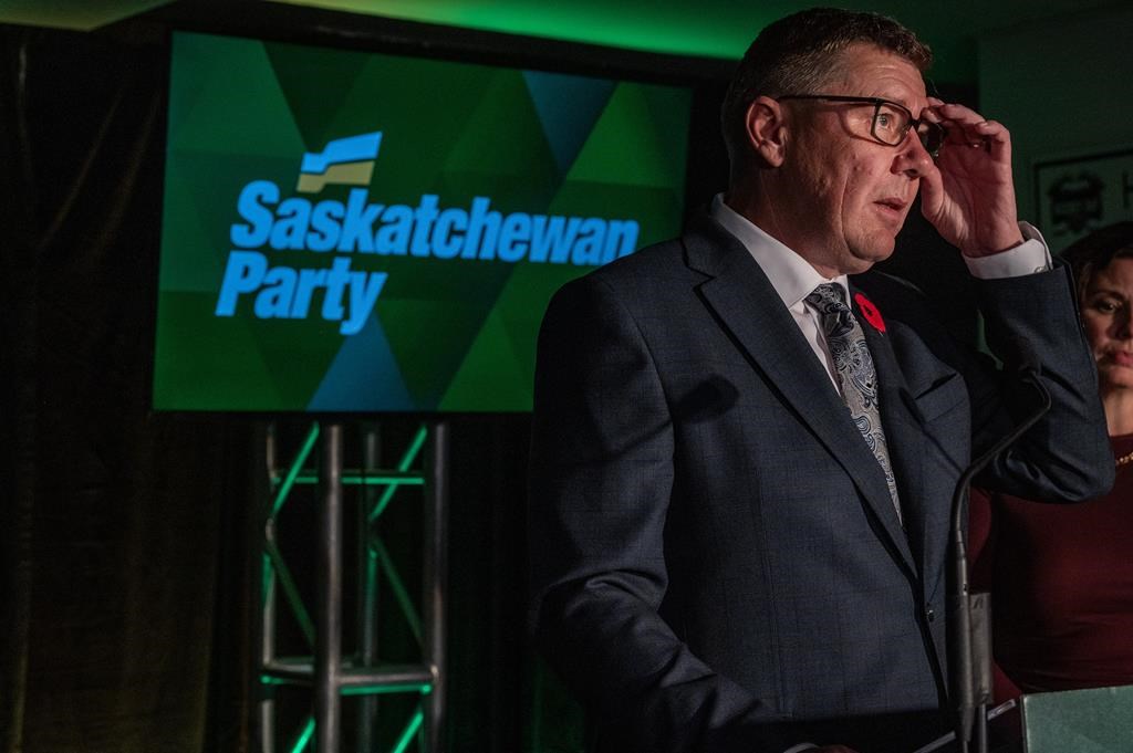 Re-elected Saskatchewan Premier Scott Moe speaks to media, following his party winning a majority government in the provincial election, in Shellbrook, Sask., Tuesday, Oct. 29, 2024. THE CANADIAN PRESS/Liam Richards.