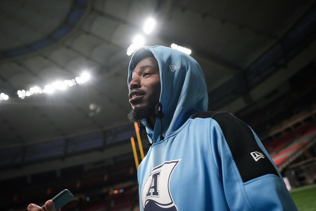 Toronto Argonauts' Janarion Grant speaks to reporters ahead of the 111th CFL Grey Cup, in Vancouver, on Tuesday, November 12, 2024. With a smile, and a shake of his head, Janarion Grant says there’s nothing personal for him about Sunday’s Grey Cup game even though the CFL’s top punt returner will be facing his old team when the Toronto Argonauts play the Winnipeg Blue Bombers at BC Place Stadium. THE CANADIAN PRESS/Darryl Dyck.