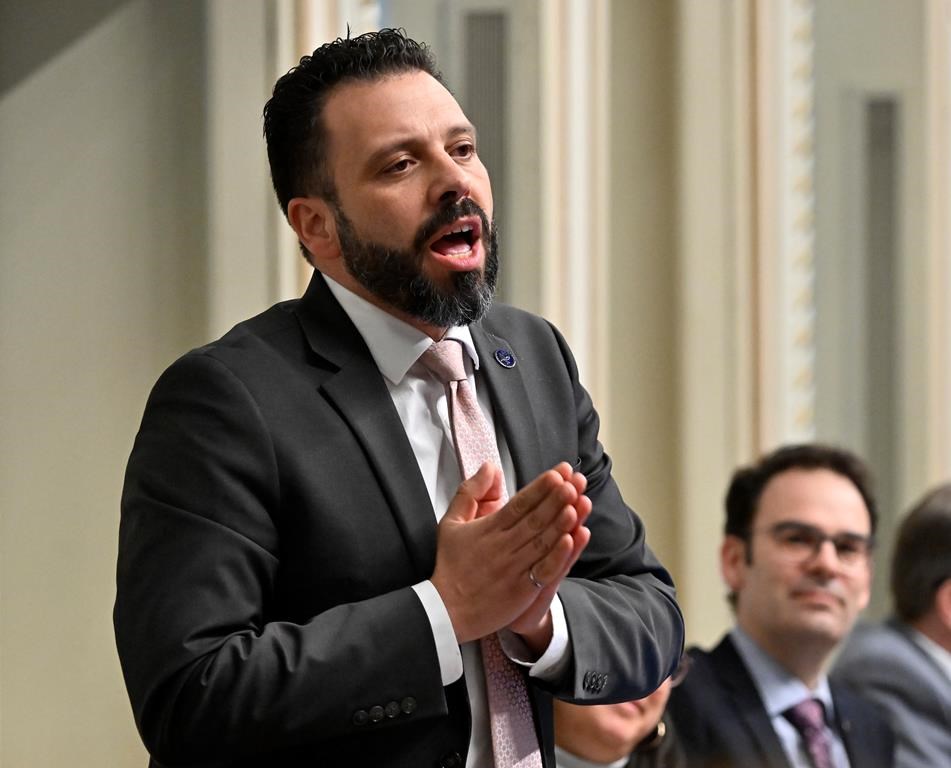 Québec solidaire finance critic Haroun Bouazzi comments the budget speech, Tuesday, March 21, 2023, at the legislature in Quebec City. THE CANADIAN PRESS/Jacques Boissinot.