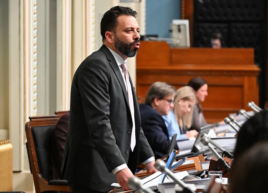 Québec solidaire finance critic Haroun Bouazzi speaks after the tabling of the provincial budget, at the legislature in Quebec City, Tuesday, March 12, 2024. A Quebec MNA says he doesn’t believe members of the provincial legislature are racist, even as his party prepares to face criticism from all sides for controversial comments he made earlier this month. THE CANADIAN PRESS/Jacques Boissinot.