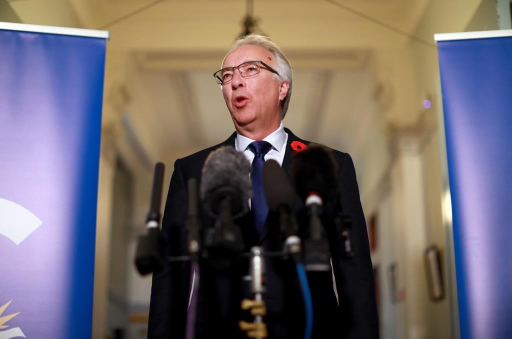 B.C. Conservative Leader John Rustad holds a media availability following election results at the legislature in Victoria, Oct. 29.
